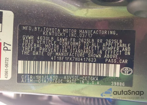 2017 Toyota Camry Xle из США, поврежденный, VIN 4T1BF1FK7HU417623